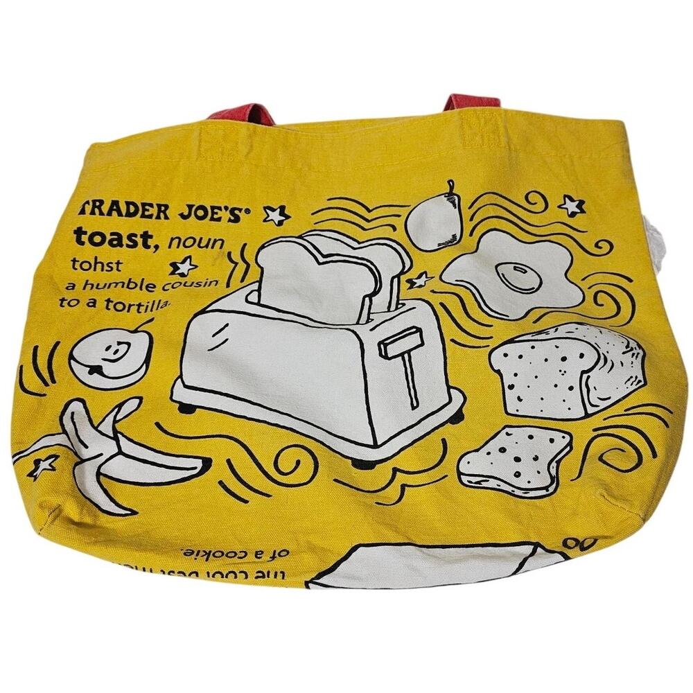 Trader Joe's Waffle Toast Canvas Tote Bag Yellow Red Handle Breakfast Graphic